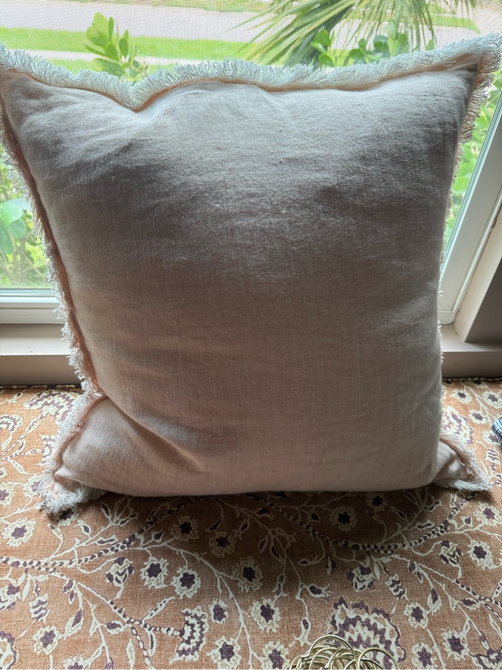 Crate&Barrel Fringe Linen Pillow - Light Cream